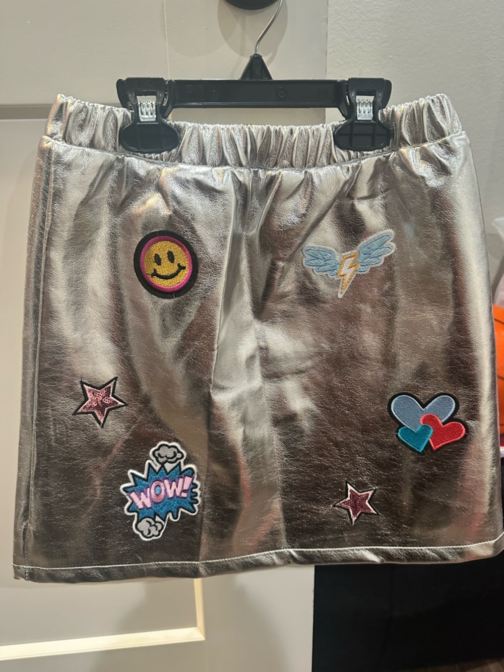 Lola + The Boys Silver Metallic Patch Skirt with Colorful Patches